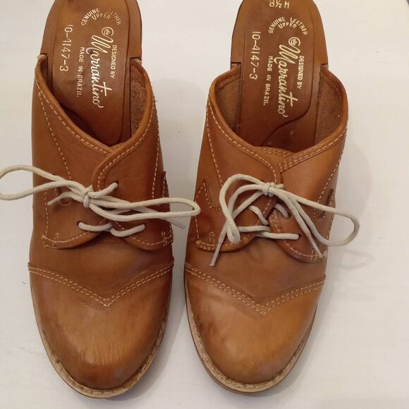 Marrantino Leather Clogs Lace Up Wooden High Heels 70s VTG Brazil Made 8.5 Shoes - Picture 5 of 6